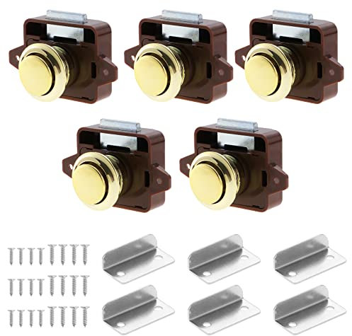 5Pcs Push Button Cabinet Latch, Keyless Push Button Door Knob Latch for RV, Yachts, Boat, Motorhome, Camper, Caravan (Brown)