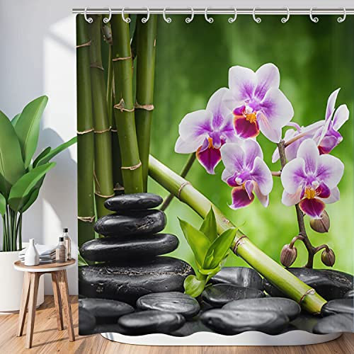 Hnmdmyi Duschvorhang Zen Garten 180x200, Spa Grüner Bambus Schwarzer Stein Lila Blume Badewanne Vorhang Japanische Meditation Entspannend Wasserdicht Polyester Stoff Waschbar Badevorhang mit Haken