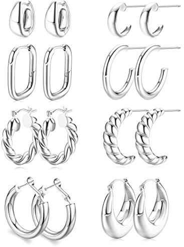 Morfetto Gold Klobige Creolen Set für Frauen - 14 Karat Vergoldet Dicke Leichte Hypoallergene Packung Verdrehte Huggie Offene Schmuck für Damen Geschenke Silber