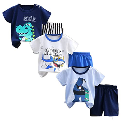 XM-Amigo Baby Jungen 3er Set Kurzarm Shorts T-Shirts Halbarm,6 Stück/3 Sätze(Mit Schulterknöpfen,Packungsgröße: 60/90)