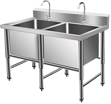 LBONG Freistehendes Edelstahl Waschbecken Doppelwaschbecken Küchenspüle 2 Becken Waschbecken Werkstatt Bauernhaus mit Wasserhahn Waschtrog Spültisch(100x 70x 80cm/39.3”x27.5”x31.4”)