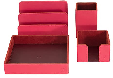 DUDU Schreibtisch-Set aus Leder für das Büro 4-teilig mit Taschenleerer Stifthalter Briefhalter Zettelbox Himbeere
