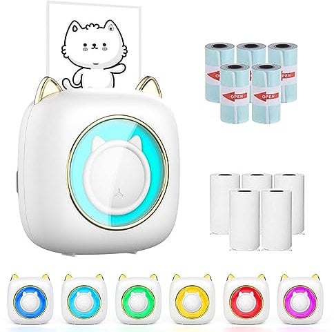 Mini Drucker, Tagbarer Fotodrucker mit 10 Thermopapierrollen Und 7 Farben LED für Smartphone, Sticker Drucker, Thermo Fotodrucker für Journal, Reisen Logo, Notizen, Journal, Liste, Memo (Weiss)