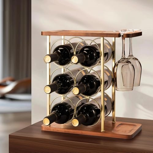OKITCHEN Tabletop Wine Rack with Glass Holder, Mini Bar Counter Top Alcohol Wine Rack Holds 6 Bottles & 2 Glasses, Kitchen Organization Storage Rack(Wooden & Shiny Gold)