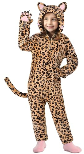 GIFTINBOX Leopard Costume Kids, Zip-Up Hooded Onesie Girls, Cat Costume for Girls Dress Up, Halloween Animal Costumes for Kids 5 6 7 8 9 10 11