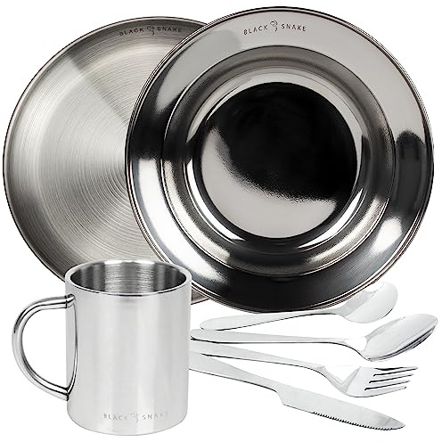 Black Snake® Camping Set - Edelstahl Teller & Tasse mit Besteck | Flacher & tiefer Teller, Lunch-Besteck, Robustes Outdoor Geschirr, Für Camping, Wandern & Picknick