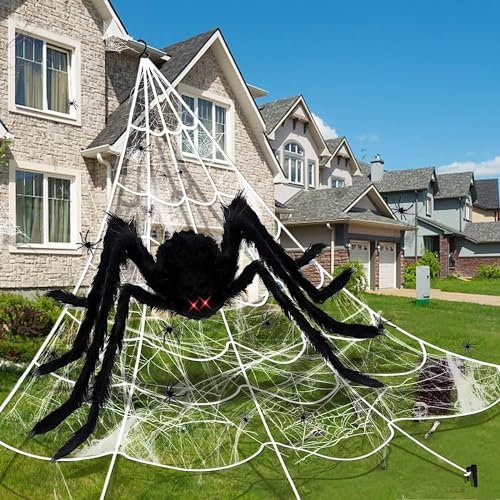 AMLOOPH Gran decoración de Halloween para exteriores, telarañas aterradoras – 1,5 m arañas negras, telaraña gigante blanca triangular de 5 m, telarañas elásticas elásticas, arañas falsas de plástico