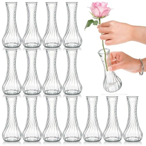 Noamus 16 Pack Glass Bud Vase, Clear Small Flower Vases in Bulk, Threaded Glass Vases for Centerpieces, Mini Vintage Vase Floral Bottle for Rustic Wedding Home Table Decor, Floral Arrangements