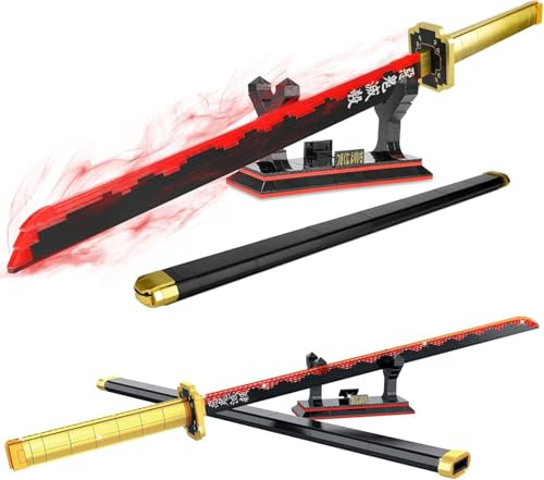 QLT Ideas - Katana pour cosplay Yoriichi Tsugikuni anime Demon Slayer, briques pour adultes et enfants de 6 à 16 ans, 606 pièces, avec fourreau et support