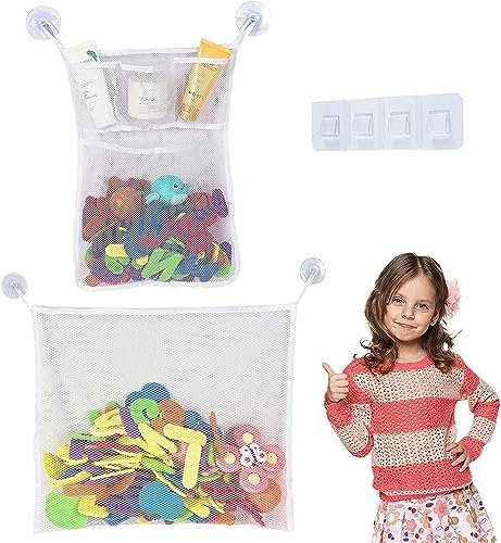 Bath Toy Net Bad Spielzeug Organizer, LauCentral Badewanne Spielzeugnetz für Kinder & Babys, Badenetz für Spielzeug, Mit 4 Klebehaken und 4 Saugnapfhaken (2 Stück)