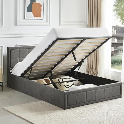 Blisswood Ottoman Bed, Upholstered Bed Frame, Ottoman Bed With Storage Gas Lift End Opening Wooden Slats Single Double Bed Frame With Storage (Linnen Dark Grey, Double)