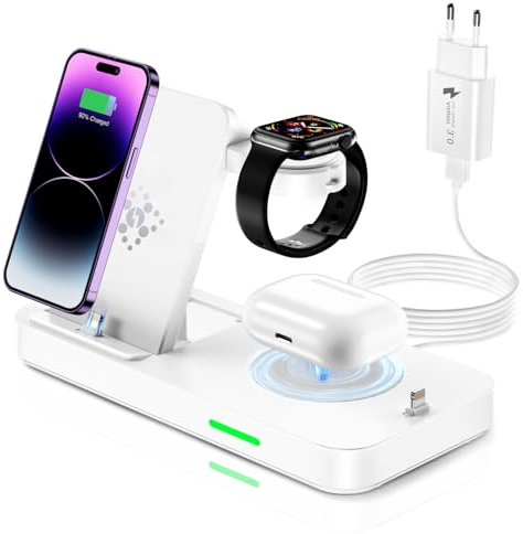 Caricatore Wireless iPhone, 4 in 1 Base Ricarica iPhone Apple Watch Airpo Stazione Ricarica Apple Watch Caricatore per Apple Watch 9/8/7/6/SE/5,Caricabatterie Wireless per iPhone 14 Pro Max/13/12/11