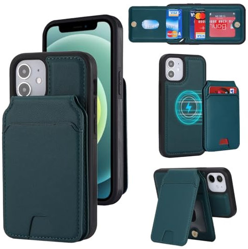 Zouzt for iPhone 12 Mini Detachable 2 in 1 Wallet Case with Card Holder for Magsafe, Magnetic PU Leather Flip Credit Slot Protective Phone Cover Women Men for iPhone 12 Mini 5.4 Inch - Green