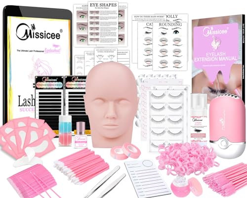 Wimpernverlängerung Set, Missicee Professionelles Wimpernverlängerungs Kit Wimpern Mannequin Kopf Set mit 0.3S Übungskleber, falsche Wimper, Übungsanleitung, USB-Wimpernfächer, Übungsblatt