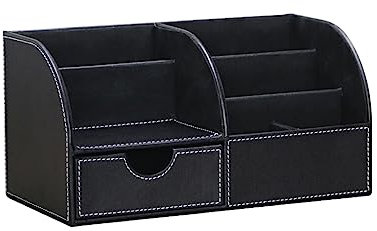 IOIUSKKU Leder Schreibtisch Organizer, multifunktional, ordentlich, Stifthalter, Schublade, quadratische Form, Fernbedienungsbox, Bürozubehör, Schwarz