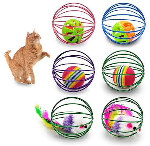 Andiker 6Pcs Cat Spring Toys, Colorful Cat Spring Balls with Mice&Bell Ball&Rainbow Ball Metal Cage Balls Spring Cat Toy for Cats Playing Kicking Chasing Exercising (Random Color 1)
