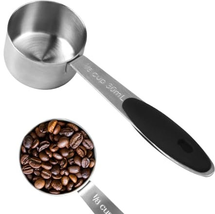 Edelstahl-Messschaufel – 1/8 Tasse, 1 x Kaffeelöffel mit schwarzem Silikongriff