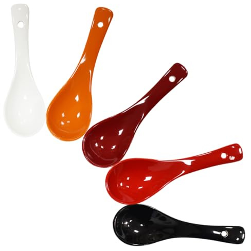 Yuauy 5 Colors Porcelain Soup Spoon Round-Bottom Asia Ceramic Rice Spoons Chinese Won Ton Spoons One of Each Color for Home Kitchen Restaurant