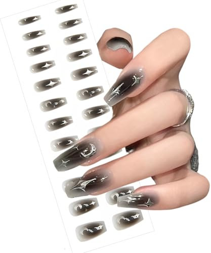 RDNKVB 24 pièces de faux ongles, enfants, noir et blanc, pour presser, moyen longueur, brillant, étoiles, lune, designs blush, acrylique artificielle (gris, noir, blanc, argent)