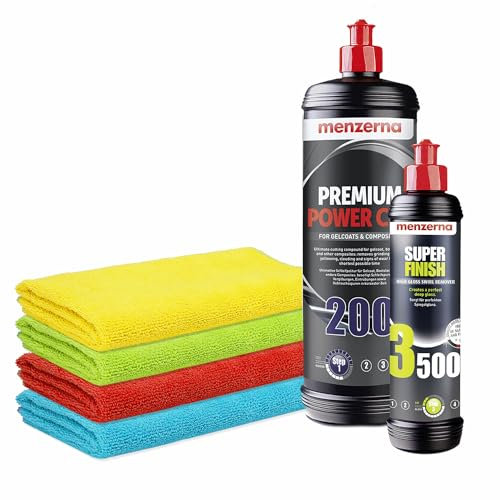GFK Politur Set | Menzerna Premium Power Cut 200 1L Gelcoat Bootspolitur + Super Finish 3500 250ml + 4x Poliertuch | Ideal zur Aufbereitung von Boot Caravan Wohnwagen Wohnmobil
