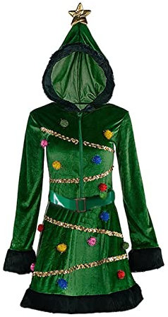LYSINK Damen Weihnachtsbaumkleid, Kostüm, Kapuze, Reißverschluss, Pailletten, ausgefallenes Erwachsenenkostüm mit Gürtel, Pompon, Weihnachtsbaum-Outfit (Ba Green, L)