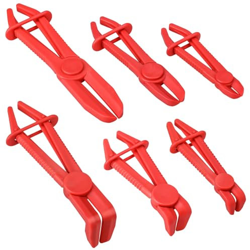 6 PCS Hose Clamp Pliers, Hose Pinch Off Pliers Set, Line Clamps, Brake Fuel Water Line Clamps Plier, Hands Free Tool, Fuel Line Disconnect Tool, Red Hose Clamp Pliers for Hoses(Straight & Angled)