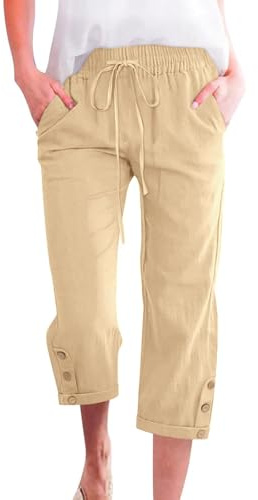 Voqeen Womens Cropped Trousers with Elasticated Waist Summer Cotton Capri Pants for Ladies 3/4 Length Trousers Lightweight with Pockets Casual Work Beach Pants Khaki