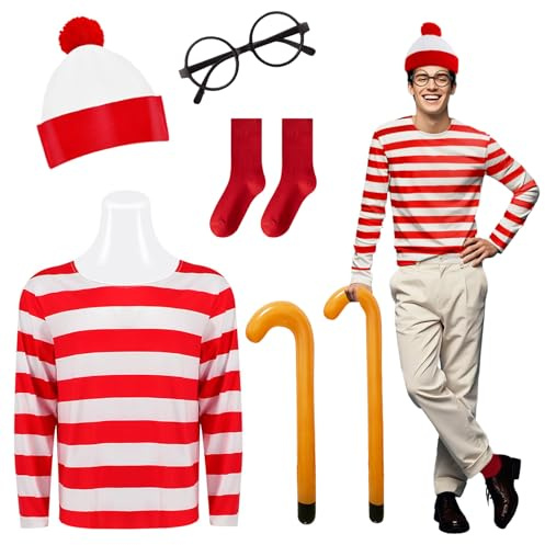 5 Stück rot und weiß gestreiftes Wally-Kostüm für Erwachsene, Welttag des Buches, rot-weiß gestreiftes T-Shirt, Beanie, Hut, Brille, aufblasbare Stocksocken, klassische Cosplay-Kostüme für den Welttag