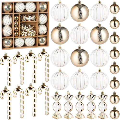 BRUBAKER 33-TLG. Weihnachtskugel Set mit Kugeln, Zuckerstangen & Bonbons | Christbaumschmuck - Moderner Baumschmuck - Baumkugel Weihnachtsbaumschmuck - Anhänger für Weihnachtsbaum - Gold Weiß