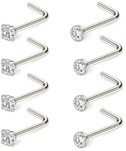 IKOPFLN 8 Pièces 20G Piercing Nez Anneaux Acier Chirurgical Femme Nose Stud Ring Screw Piercing Nez 2mm Diamond CZ Nostril Piercing Argent