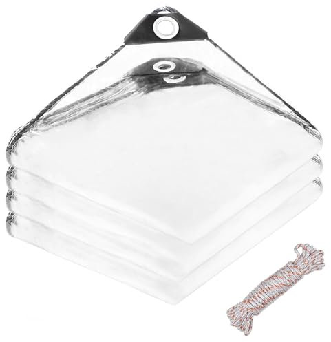 FOGAWA 3 x 3 m Bâche Transparente avec œillets, 400g/m² Bâche Imperméable en PVC, Bâche de Protection Exterieur, avec 10m de Corde de Fixation, pour Jardins, Serres, Plantes, Piscines, Garages