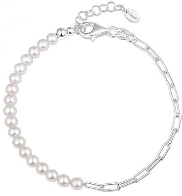 Amberta Italienische Damen Armband Perle 925 Sterling Silber | Armband Damen Silber mit Kunstperlen, Stapelbares Armband Hochzeitsarmband Braut Geschenk Verstellbares: Stapelbares Armband