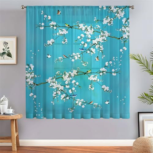 Odot Rideau Voilage Semi Occultant avec Passe Tringle, Motif Fleur Oiseau 3D Rideaux Voile Fenetre 1 Pièce Semi Transparent pour Décoration Salon Chambre Intérieur (Style Chinois,100x130cm)