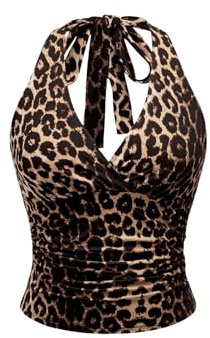GORGLITTER Damen Trägertop mit Leopardmuster Y2K Top Festival Outfit Oberteil Neckholder Partytop Leo XL