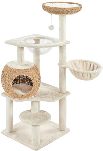 Abician Arbre à Chat en Rotin Tour pour Chat en Sisal Jouet Design Moderne 137,5 cm de Haut Beige en Peluche avec Cachette Ronde Perchoir Paniers Griffoir