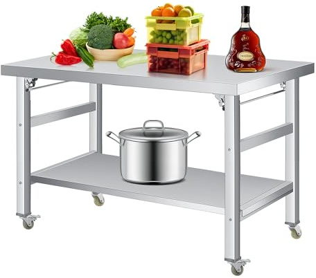 Klapptisch aus Edelstahl (91,4 x 61 cm), kommerzieller Arbeitstisch mit feststellbaren Rollen und unter Regal, für Haus, Küche, Restaurant, Garage, Camping, Outdoor, Belastung: