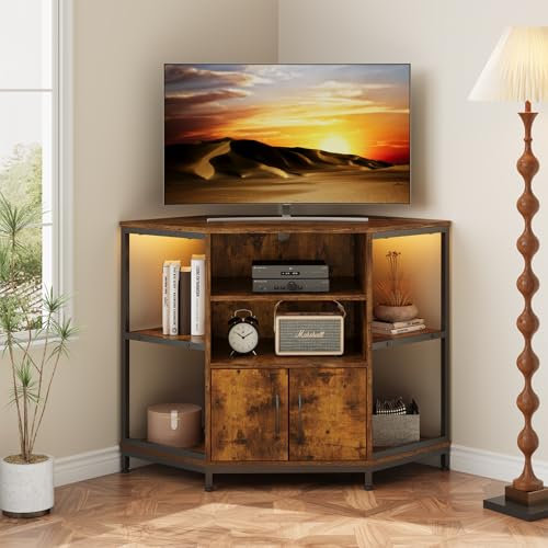 Dripex TV Eckschrank mit LED-Beleuchtung, Eckkommode Fernsehtisch für Wohnzimmer, Industriedesign, 105 x 50 x 79 cm, Vintage Braun