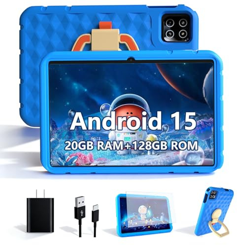 NRKDUBQ 2025 Latest 10.1 inch Kids Tablet Android 15 Tablets for Kids with EVA Protective Case 20GB RAM 128GB Storage Toddler Tablet, Parental Controls, 12-hr Battery, WiFi, GPS, Blue