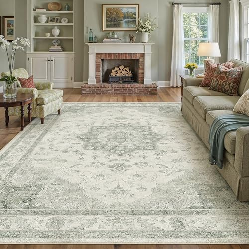 PureCozy Vintage Grün Teppich Wohnzimmer 200x300cm Waschbar | Waschbarer Teppich, Weich Rutschfest, Kurzflor Boho, für Wohnzimmer Schlafzimmer Esszimmer Büro, Großer Teppich