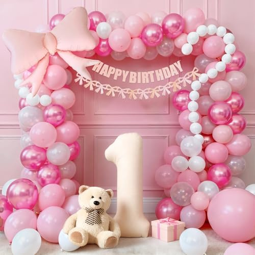 vamei 222 Stück Deko 1. Geburtstag Mädchen Rosa Luftballon Girlande Kit mit 32 Zoll Zahl 1 Ballon Schleife Happy Birthday Banner Geburtstagsdeko 1 Jahr Set Hintergrund für Erster Geburtstag Deko