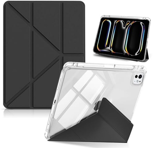 HinZann Custodia per 13 Pollici iPad Pro M5 2025/13 Pollici iPad Pro M4 2024 con Portapenne, Ultrasottile Trasparente Posteriore Cover con Auto Sveglia/Sonno per 13 iPad pro M5/M4 Cover - Nero