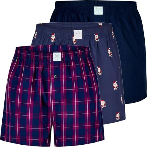MG-1 3er Pack Herren Webboxer Baumwolle mit Weihnachtsmotiv & Knopfleiste | Weihnachtliche Motiv-Webboxer für Herren – saisonaler Hingucker für Advent, Weihnachten und als Geschenk.