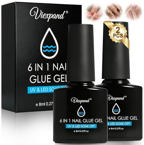 2 * 8ML Pegamento de Uñas con Punta Del Cepillo, 6 en 1 Nail Glue, Pegamento para Pegar en Uñas, Adhesivo para UñasS Gel para Puntas, Necesita UV Curado Con Luz, para Decoración de Uñass DIY
