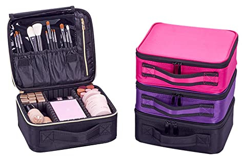 Für Kosmetikorganisator für Frauen 6 Gitter doppelte tragbare Handheld -Reise -Make -up -Tasche mit Schwammabteil (Schwarz)
