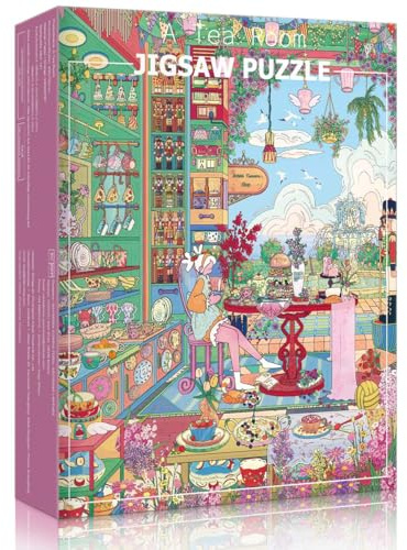 HUADADA 1000 Teile Puzzle für Erwachsene, Teestube Motiv im Pastell-Cartoon Stil, 70x50 cm, Profi-Graukarton mit 1:1 Poster