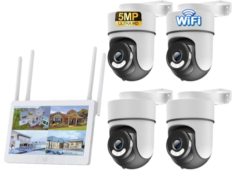 SHIWOJIA 3K 5MP Wireless CCTV Camera System With 10 Monitor, 4 X PTZ Security Cameras With Color Night Vision, 24/7 Recording, Auto Tacking, Human Detection, Two Way Audio, APP Alarm