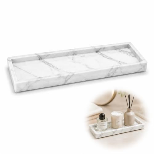 Marble Effect Vanity Organiser Tray, White, Raised Rim, 30 x 12.6 cm | Elongated Storage Tray For Cosmetics, Toiletries, Perfume, Soap, Keys, Jewellery, For Bathroom Counters And Dressing Tables