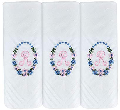 Surf the Shop Damen-Taschentücher mit Initialen, bestickt, mit weißer Satin-Bordüre, verschiedene Initialen, 3 Stück Gr. 85, R