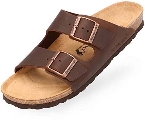 BOnova Schwanberg Echtleder Herren Pantolette in braun, Größe 44. Bequeme Hausschuhe aus Echtleder mit Kork-Fußbett - Sandalen hergestellt in der EU