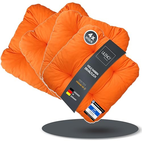 LILENO HOME 4er Set Stuhlkissen Orange (38x38x8 cm) - Sitzkissen für Gartenstuhl, Küche oder Esszimmerstuhl - Bequeme UV-beständige Indoor u. Outdoor Stuhlauflage als Stuhl Kissen